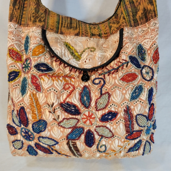 Vintage Boho Patchwork Beaded Slouch Bag Hobo Purse India Batik Pattern 16 x 12 - Picture 6 of 8